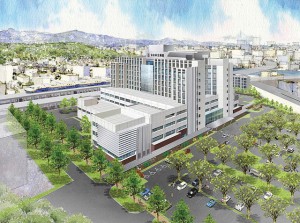「完成予想図」：太白区あすと長町に新築する新仙台市立病院は１２月着工予定