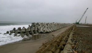 奥田建設の施工で消波ブロックの設置が進められている大曲浜海岸