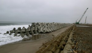 奥田建設の施工で消波ブロックの設置が進められている大曲浜海岸