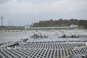 水上の太陽光パネルが吹き寄せられた（18日撮影、市原市内）