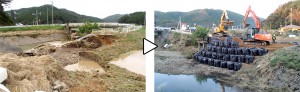 20mにわたって決壊した石貝川の堤防(写真左)を、只野組が土のうを積んで応急復旧した(写真右)