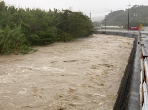 濁流があふれる寸前の山名川（南房総市内）