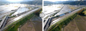 新川における堤防復旧の施工状況と完成状況(写真提供＝国土交通省東北地方整備局)