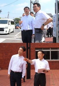 鈴木市長の案内で野田橋を視察する熊谷知事【上】井崎市長から学校施設について説明を聞く熊谷知事【下】