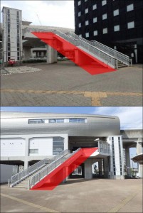 柏たなか駅西口（写真上）と東口（下）におけるエスカレーターの設置個所